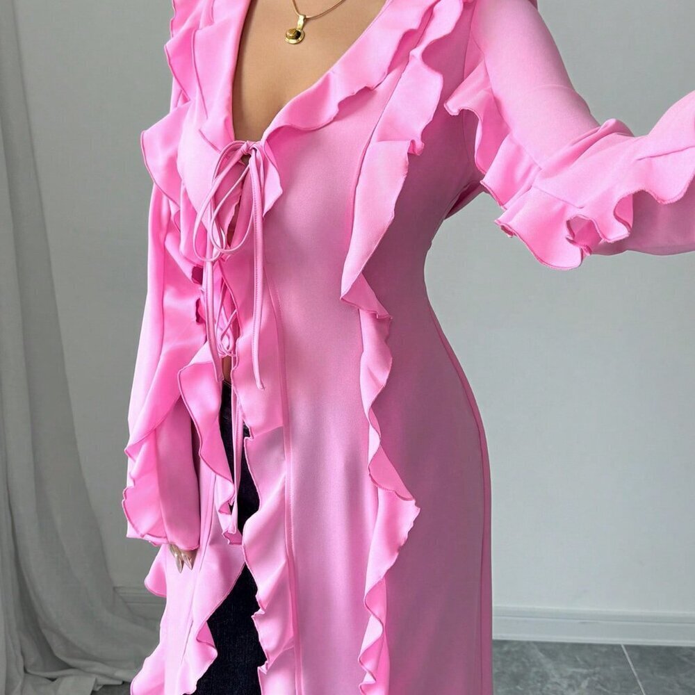 Pink Casual Women's Elegant Long Sleeve Ruffle Blouse - Picture 5 of 7